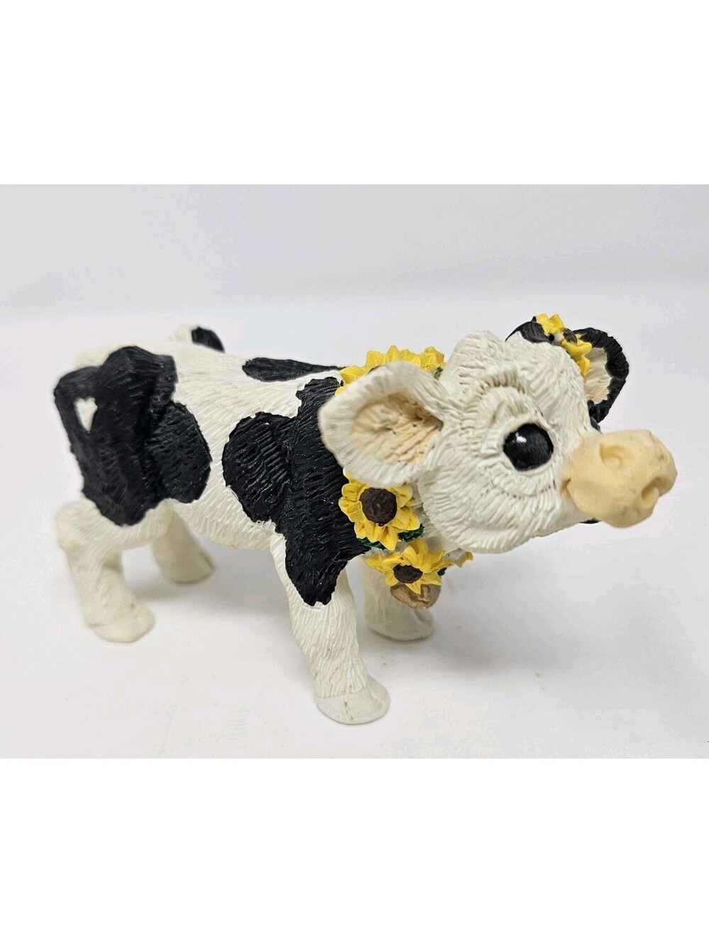 Cute Black & White Cow w/ Sunflowers Decor Figurine Collectible 4" Mini Vintage